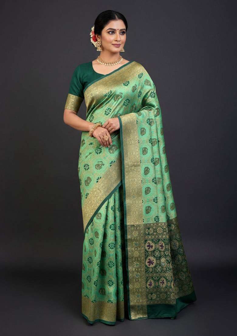 Light Green Embroidered Banarasi Silk Blend Saree Set for Diwali and Festive Wear - Indya