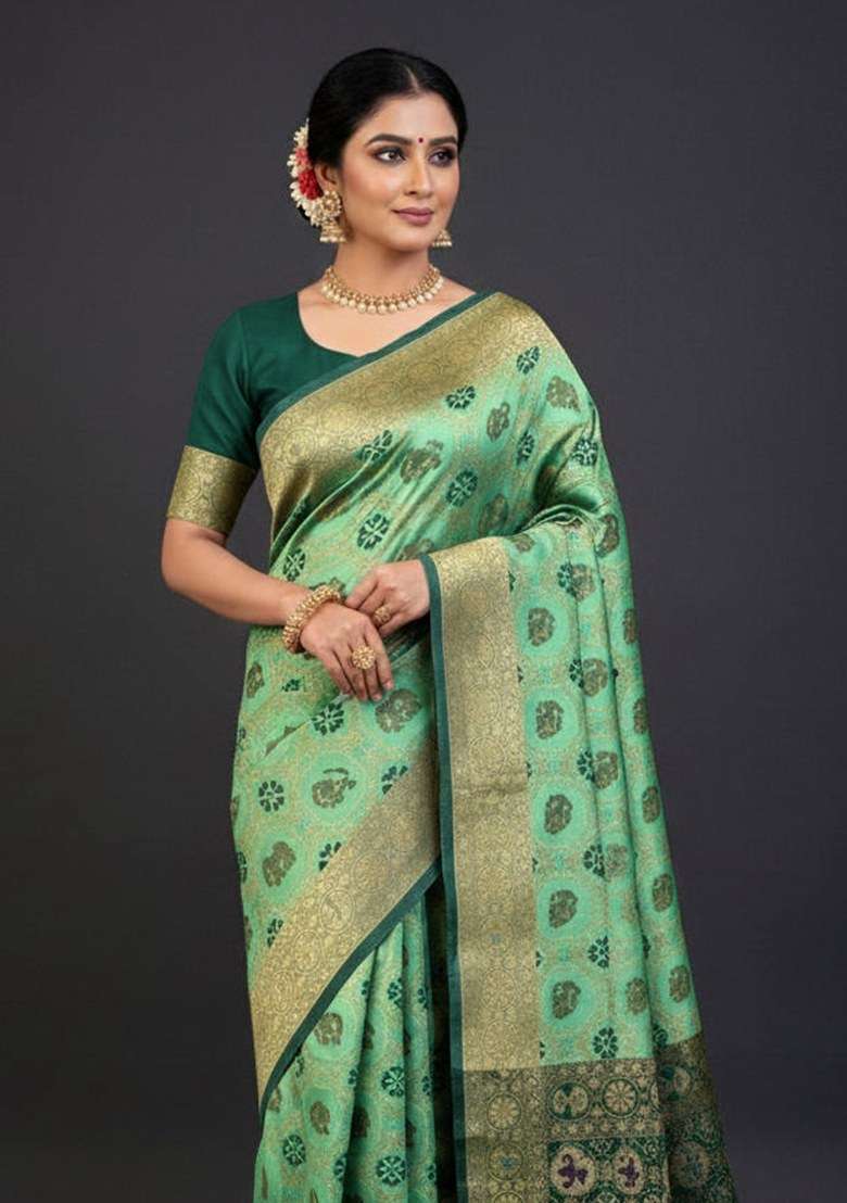 Light Green Embroidered Banarasi Silk Blend Saree Set for Diwali and Festive Wear - Indya