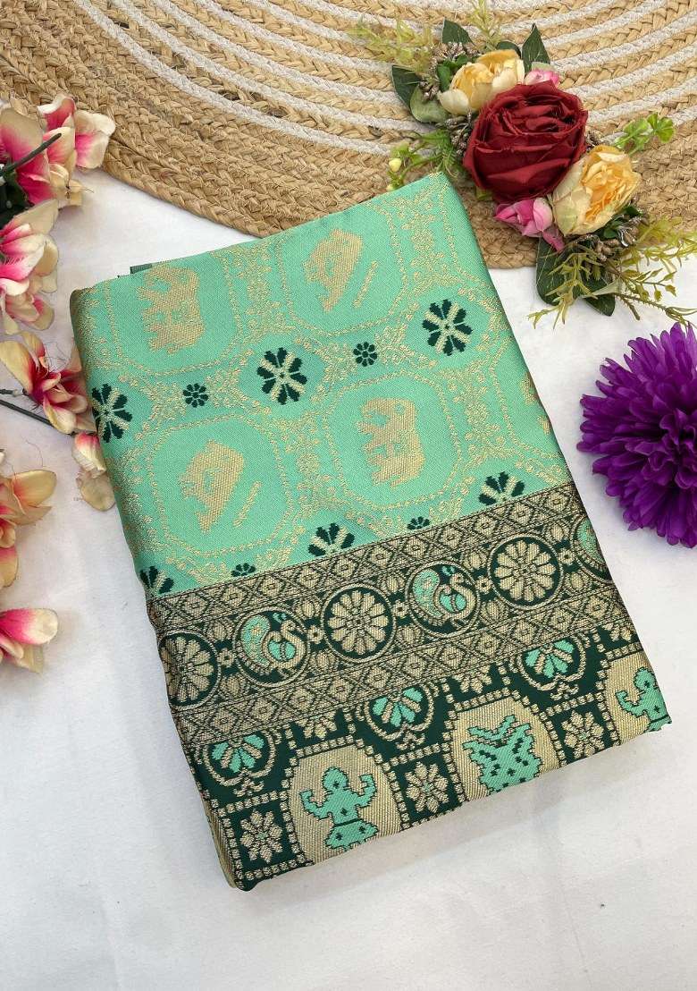 Light Green Embroidered Banarasi Silk Blend Saree Set for Diwali and Festive Wear - Indya