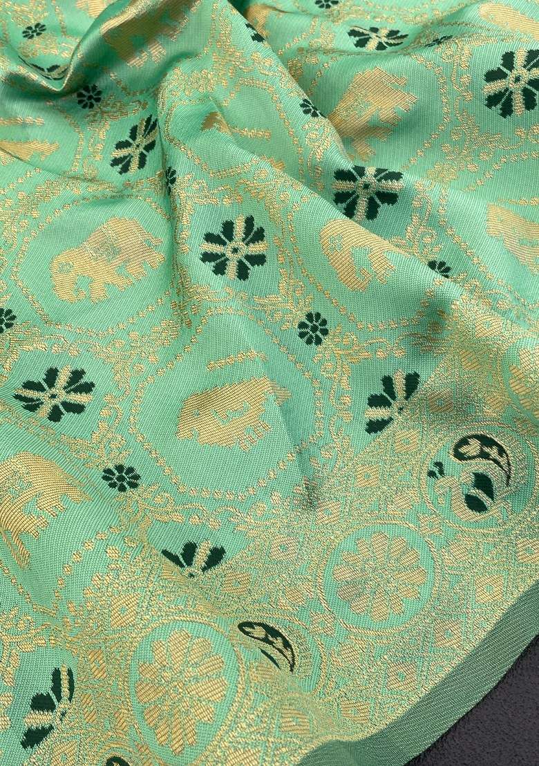 Light Green Embroidered Banarasi Silk Blend Saree Set for Diwali and Festive Wear - Indya