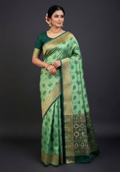 Light Green Embroidered Banarasi Silk Saree Set