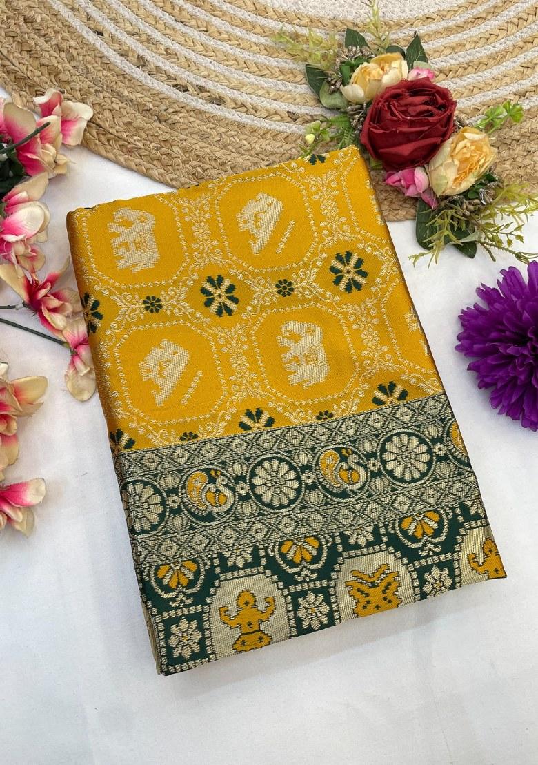 Mustard Yellow Embroidered Banarasi Silk Saree Set