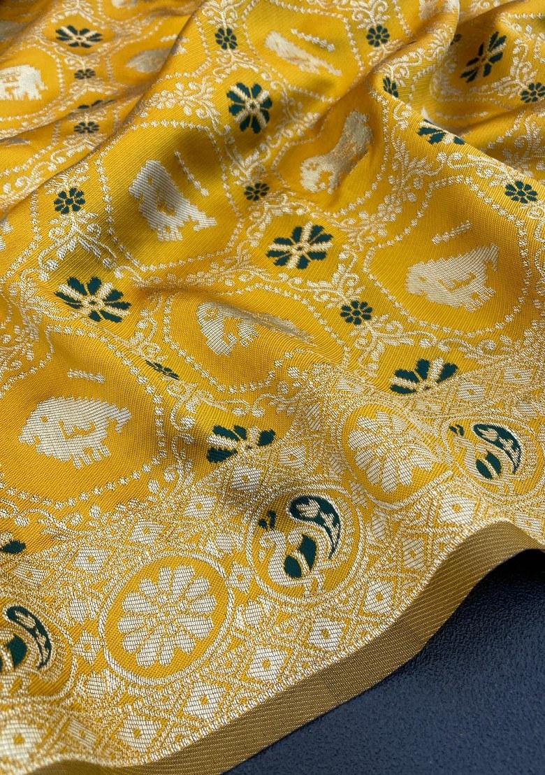 Mustard Yellow Embroidered Banarasi Silk Saree Set