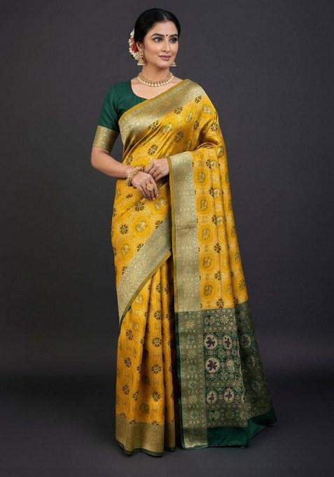 Mustard Yellow Embroidered Banarasi Silk Saree Set