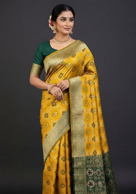 Mustard Yellow Embroidered Banarasi Silk Saree Set