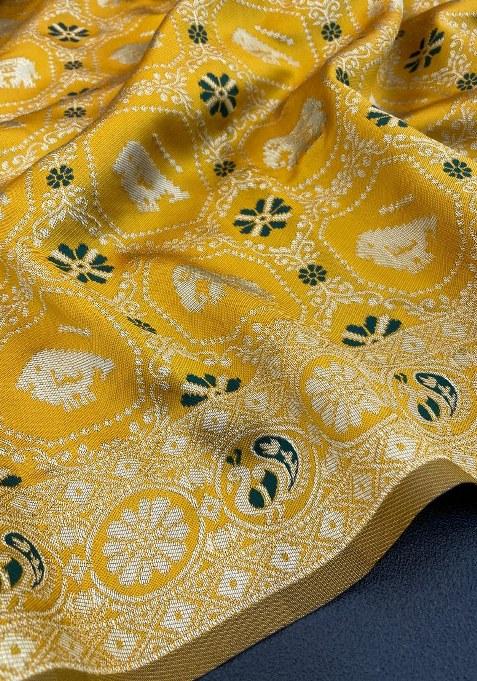 Mustard Yellow Embroidered Banarasi Silk Saree Set