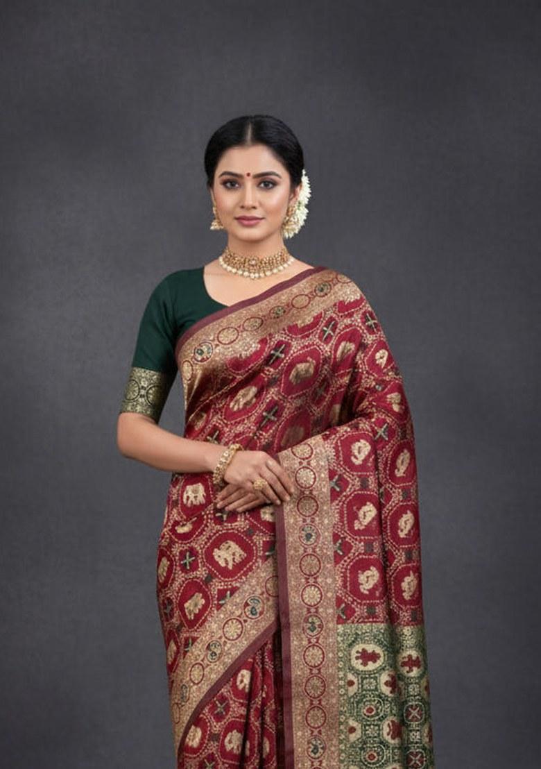 Maroon Embroidered Banarasi Silk Saree Set
