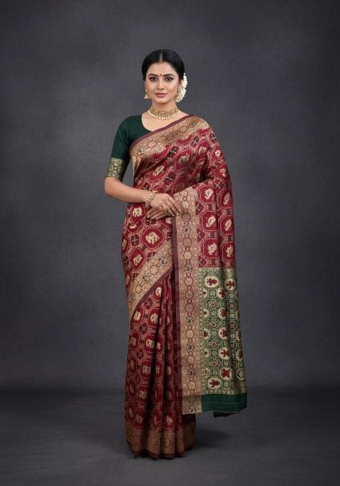 Maroon Embroidered Banarasi Silk Saree Set