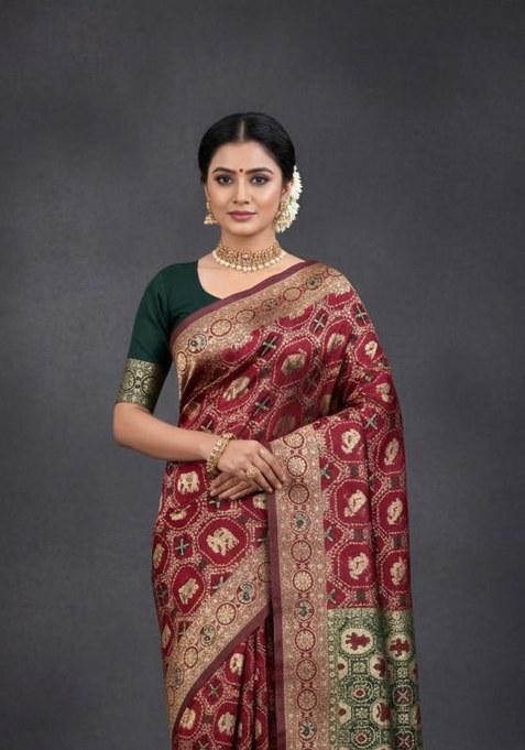 Maroon Embroidered Banarasi Silk Saree Set