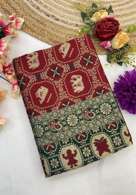 Maroon Embroidered Banarasi Silk Saree Set