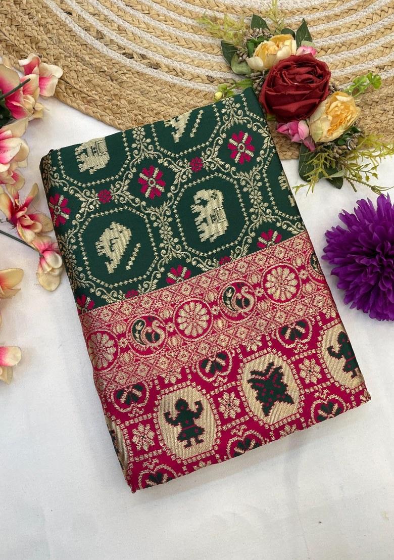 Green Embroidered Banarasi Silk Saree Set