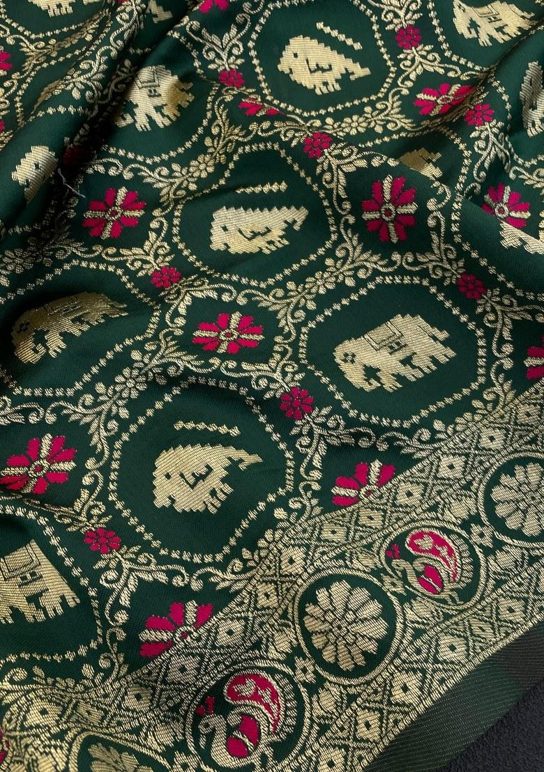 Green Embroidered Banarasi Silk Saree Set