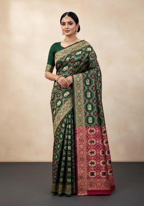 Green Embroidered Banarasi Silk Saree Set