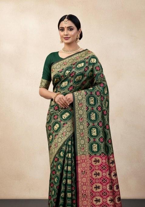 Green Embroidered Banarasi Silk Saree Set