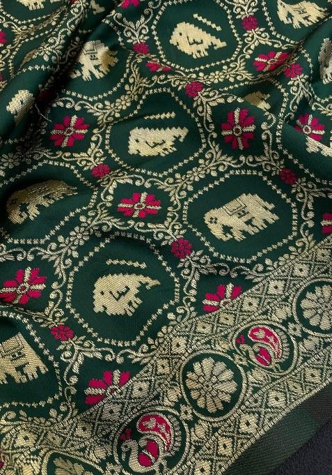 Green Embroidered Banarasi Silk Saree Set