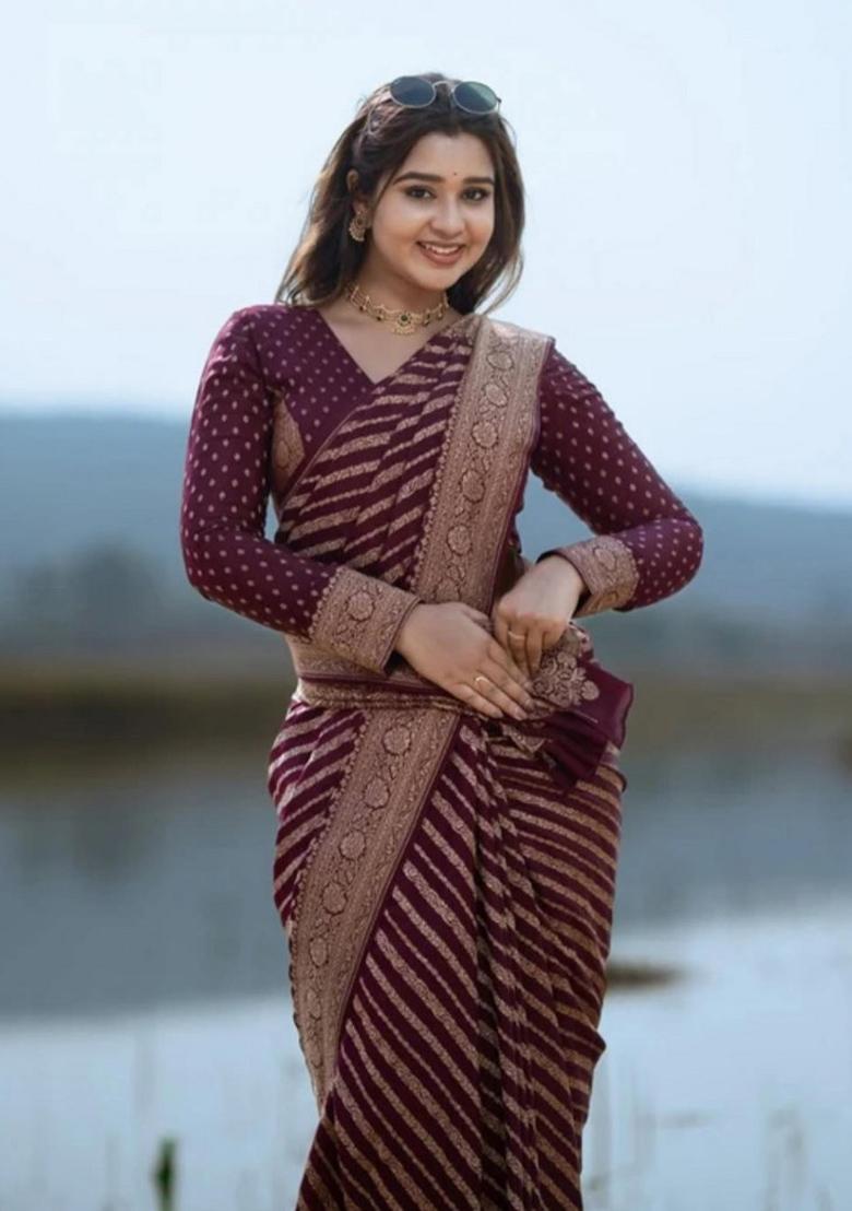 Wine Embroidered Banarasi Silk Saree Set