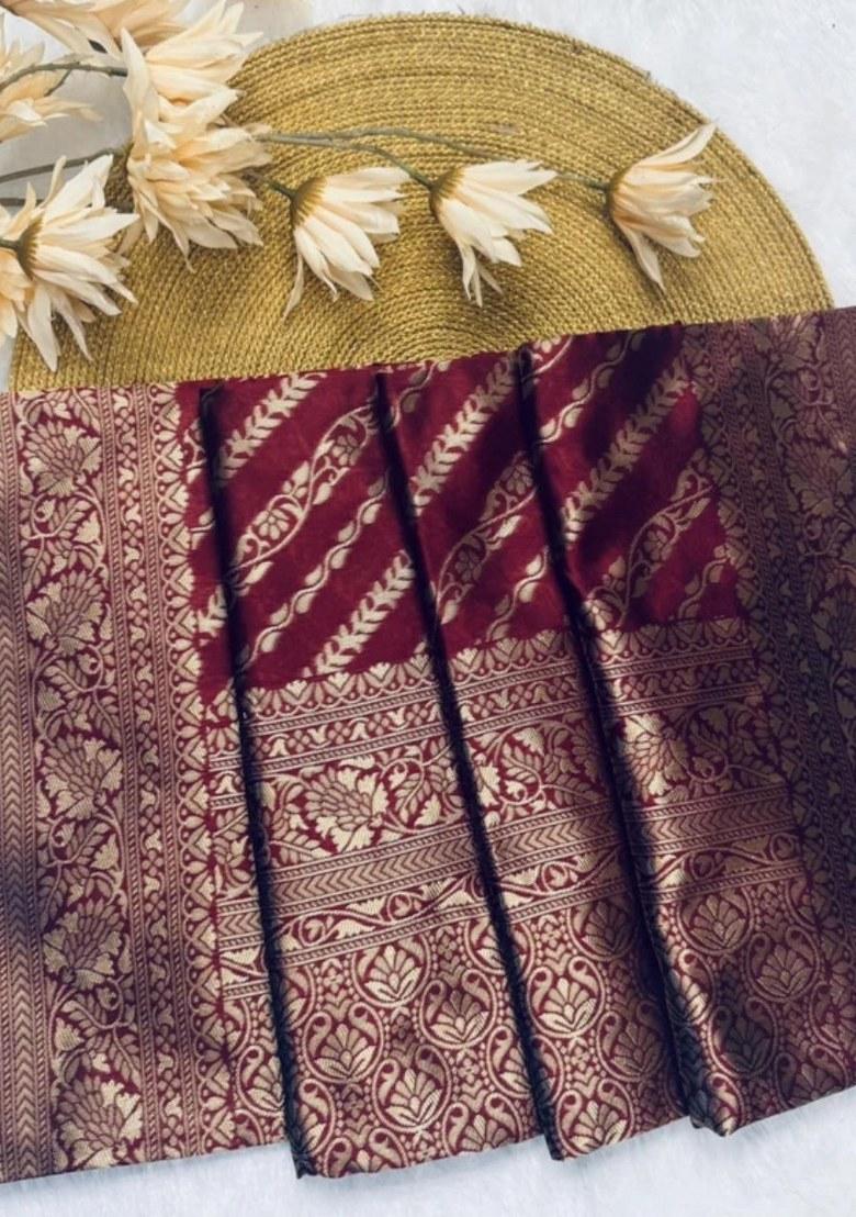 Wine Embroidered Banarasi Silk Saree Set
