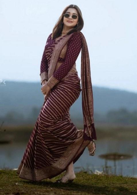 Wine Embroidered Banarasi Silk Saree Set