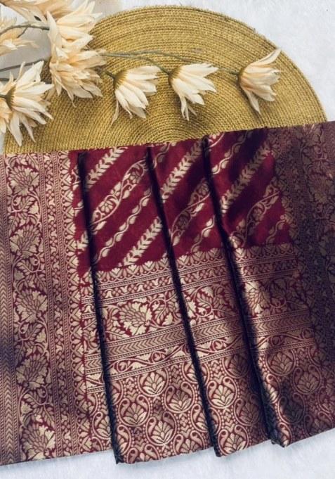 Wine Embroidered Banarasi Silk Saree Set