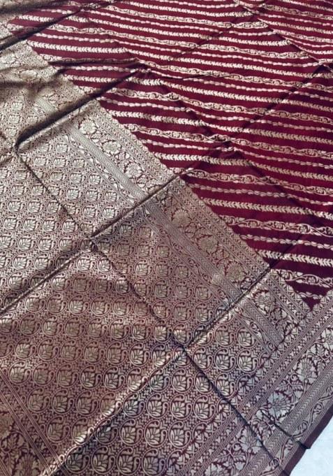 Wine Embroidered Banarasi Silk Saree Set
