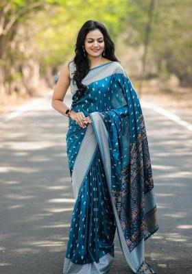 Blue Embroidered Banarasi Silk Saree Set