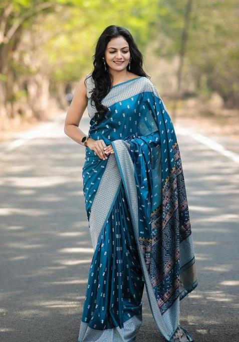 Blue Embroidered Banarasi Silk Saree Set