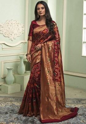 Maroon Embroidered Banarasi Silk Saree Set