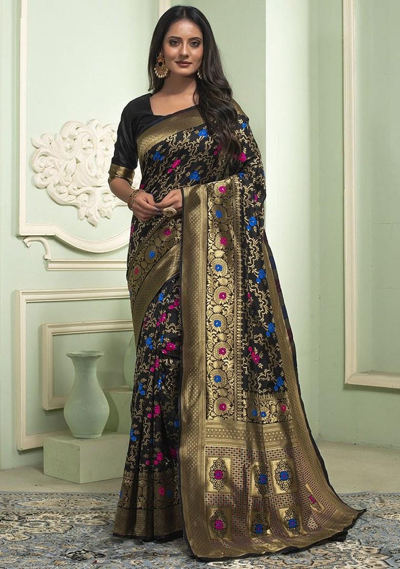 Black Embroidered Banarasi Silk Saree Set