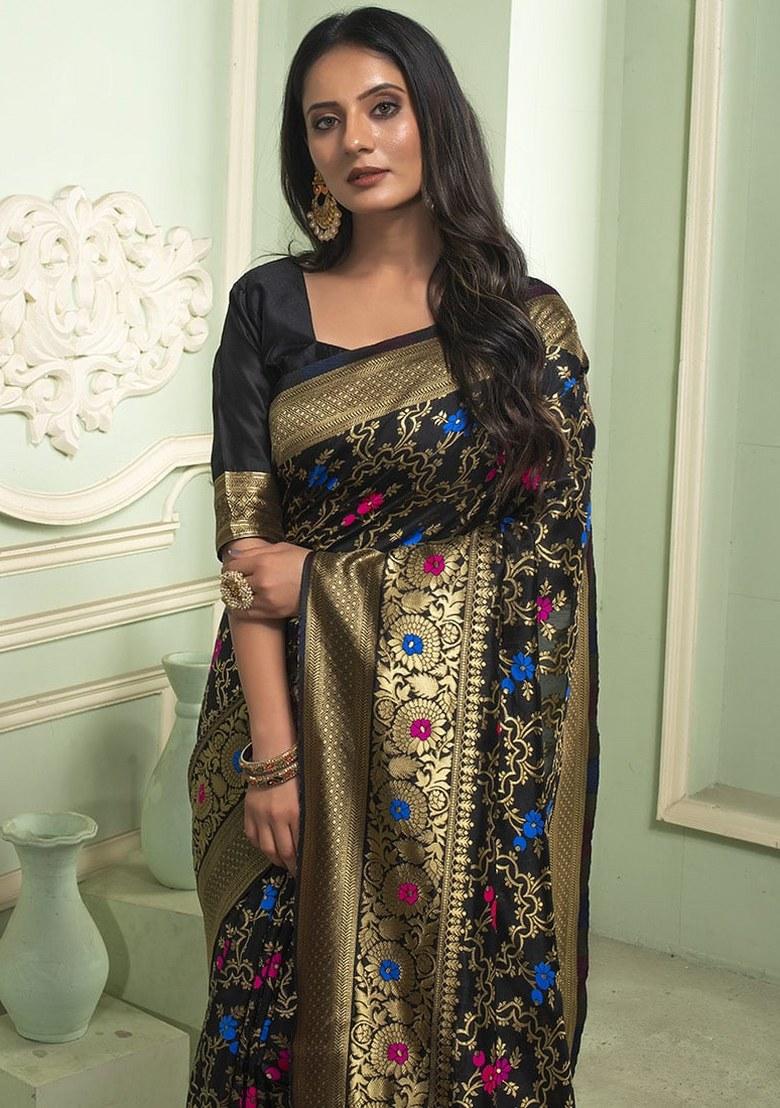 Black Embroidered Banarasi Silk Saree Set