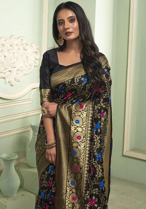 Black Embroidered Banarasi Silk Saree Set