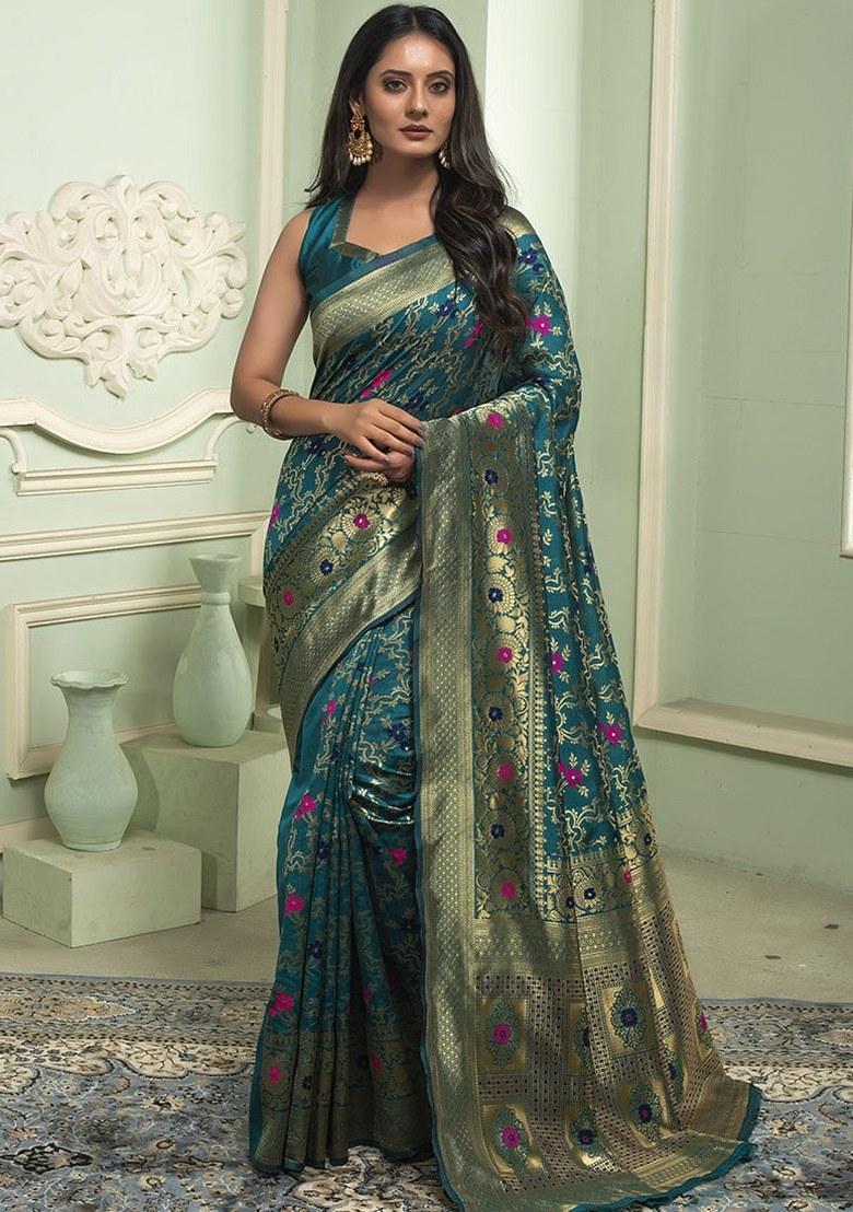 Blue Embroidered Banarasi Silk Saree Set