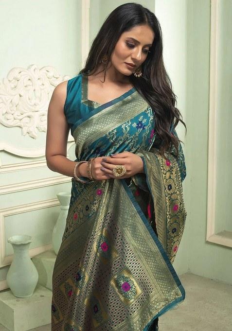 Blue Embroidered Banarasi Silk Saree Set