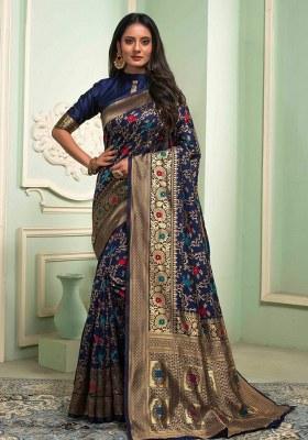 Navy Blue Embroidered Banarasi Silk Saree Set