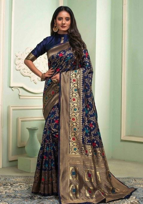 Navy Blue Embroidered Banarasi Silk Saree Set