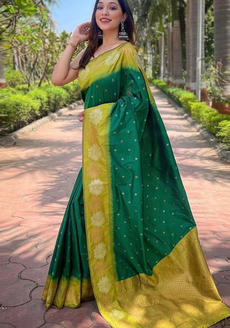 Green Embroidered Banarasi Silk Saree Set