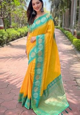 Yellow Embroidered Banarasi Silk Saree Set