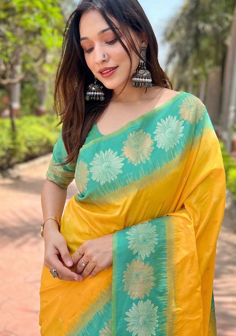 Yellow Embroidered Banarasi Silk Saree Set