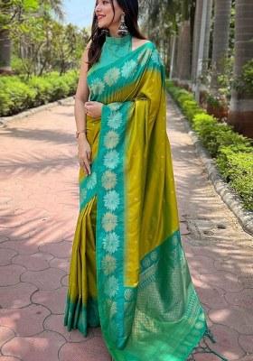 Olive Embroidered Banarasi Silk Saree Set