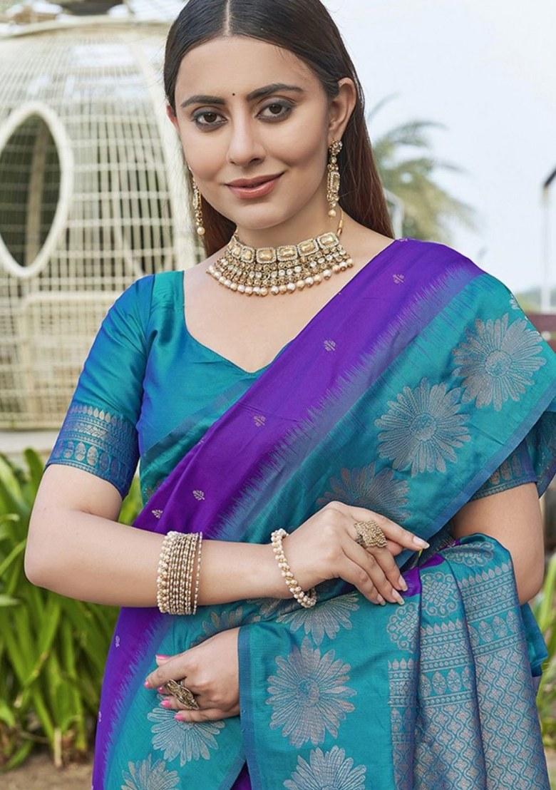 Purple Embroidered Banarasi Silk Saree Set