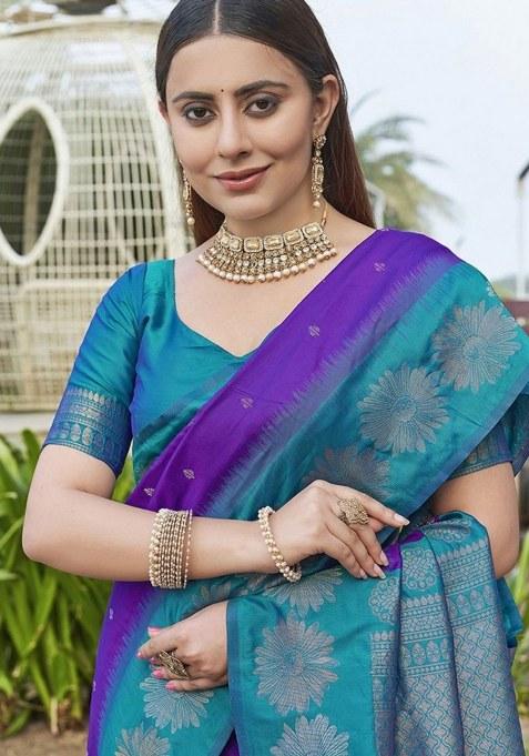 Purple Embroidered Banarasi Silk Saree Set