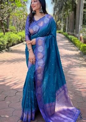 Blue Embroidered Banarasi Silk Blend Saree Set