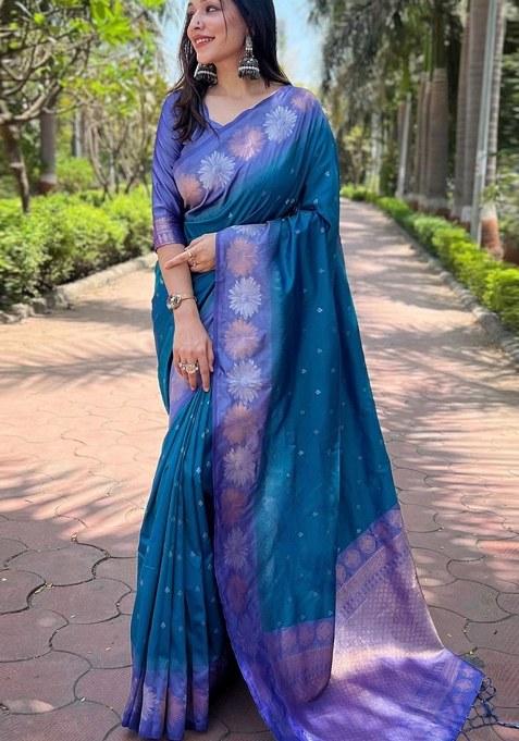 Blue Embroidered Banarasi Silk Saree Set