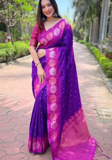 Violet Embroidered Banarasi Silk Saree Set