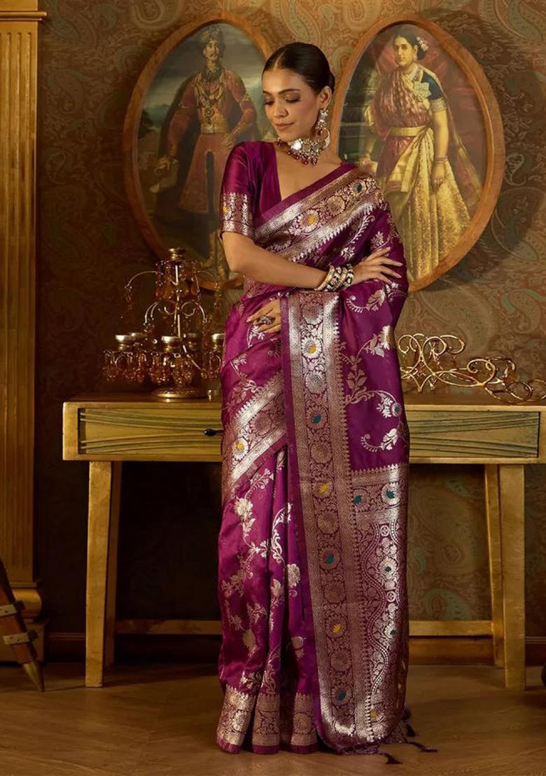 Wine Embroidered Banarasi Silk Saree Set