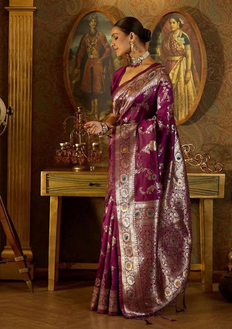 Wine Embroidered Banarasi Silk Saree Set
