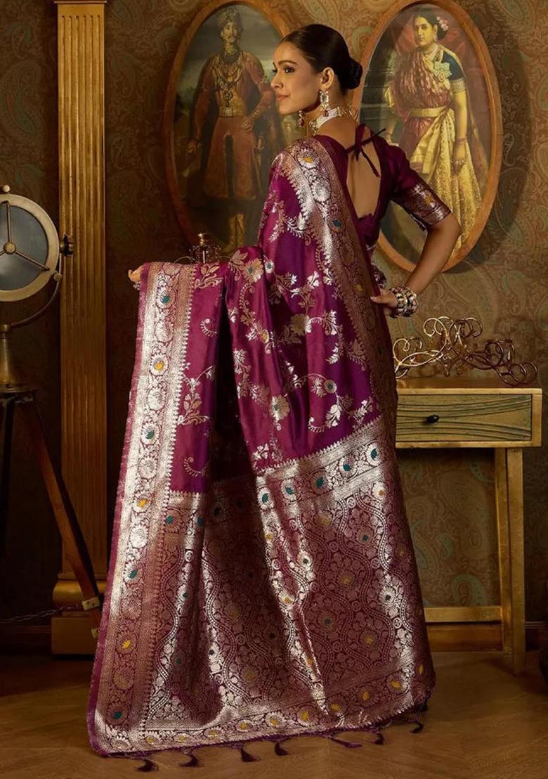 Wine Embroidered Banarasi Silk Saree Set