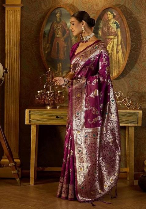 Wine Embroidered Banarasi Silk Saree Set