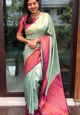 Light Blue Embroidered Banarasi Silk Blend Saree Set
