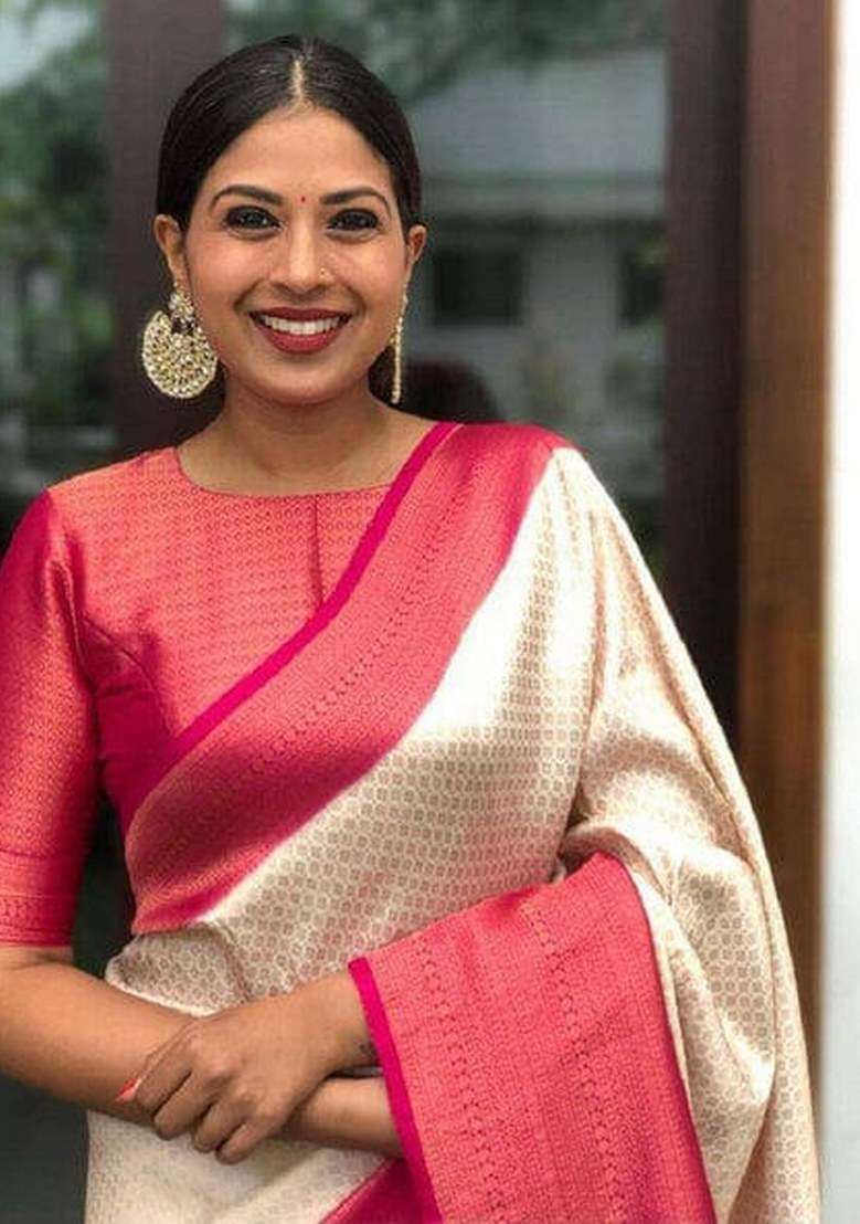 Cream Embroidered Banarasi Silk Blend Saree Set for Diwali and Festive Wear - Indya