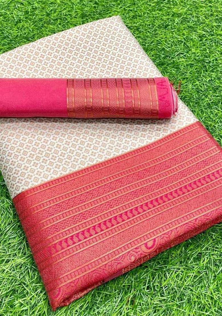 Cream Embroidered Banarasi Silk Blend Saree Set for Diwali and Festive Wear - Indya
